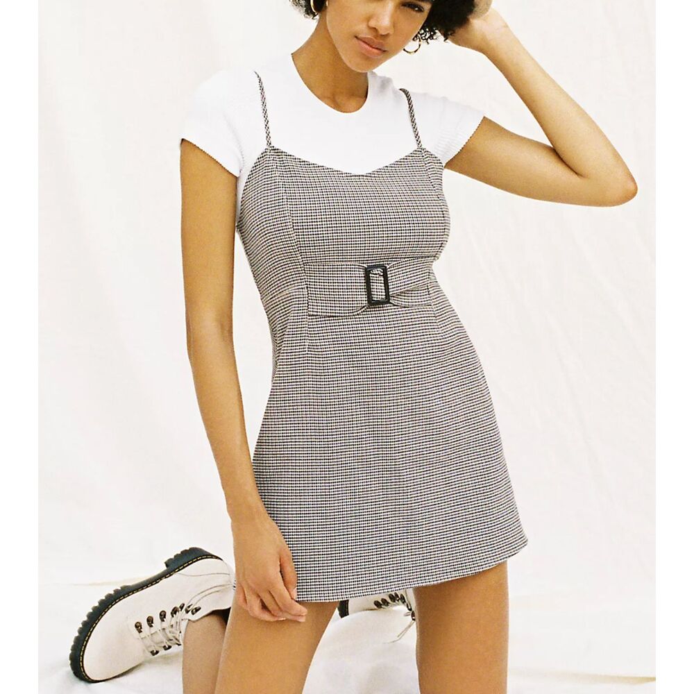 Women Free People My Girl Houndstooth Mini Dress in Medium Gray Size 12